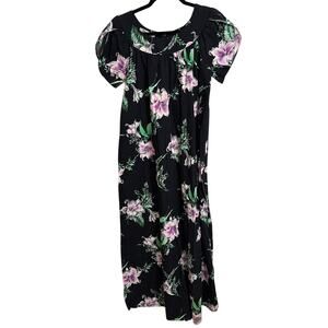 Hilo Hattie Dress Womens XS Black Floral Muumuu Maxi Puff Sleeve Hawaiian